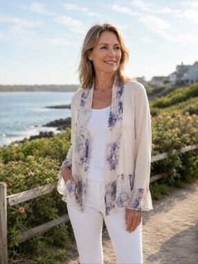 Elena Baldi floral hem cuff open draped cardigan sweater